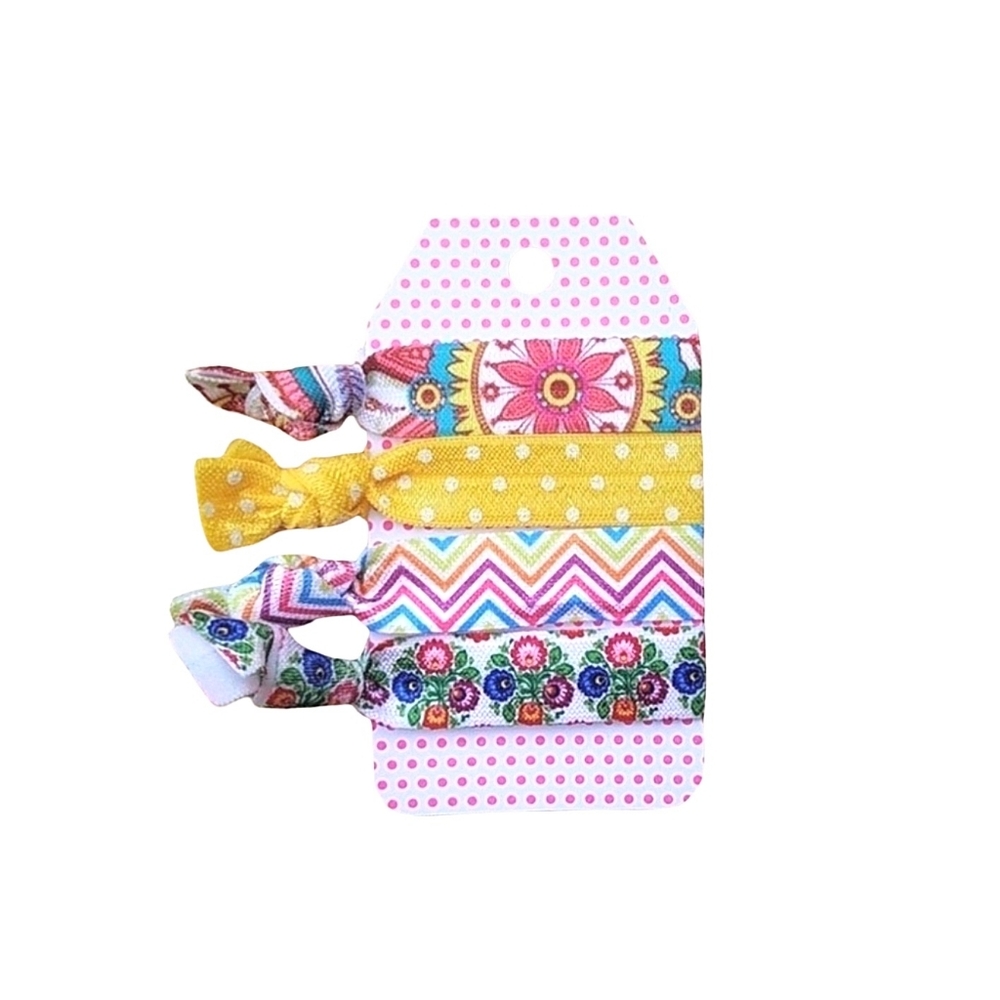 Boho Floral Theme Handmade No Crease FOE Elastic Hair Ties 4-Pack